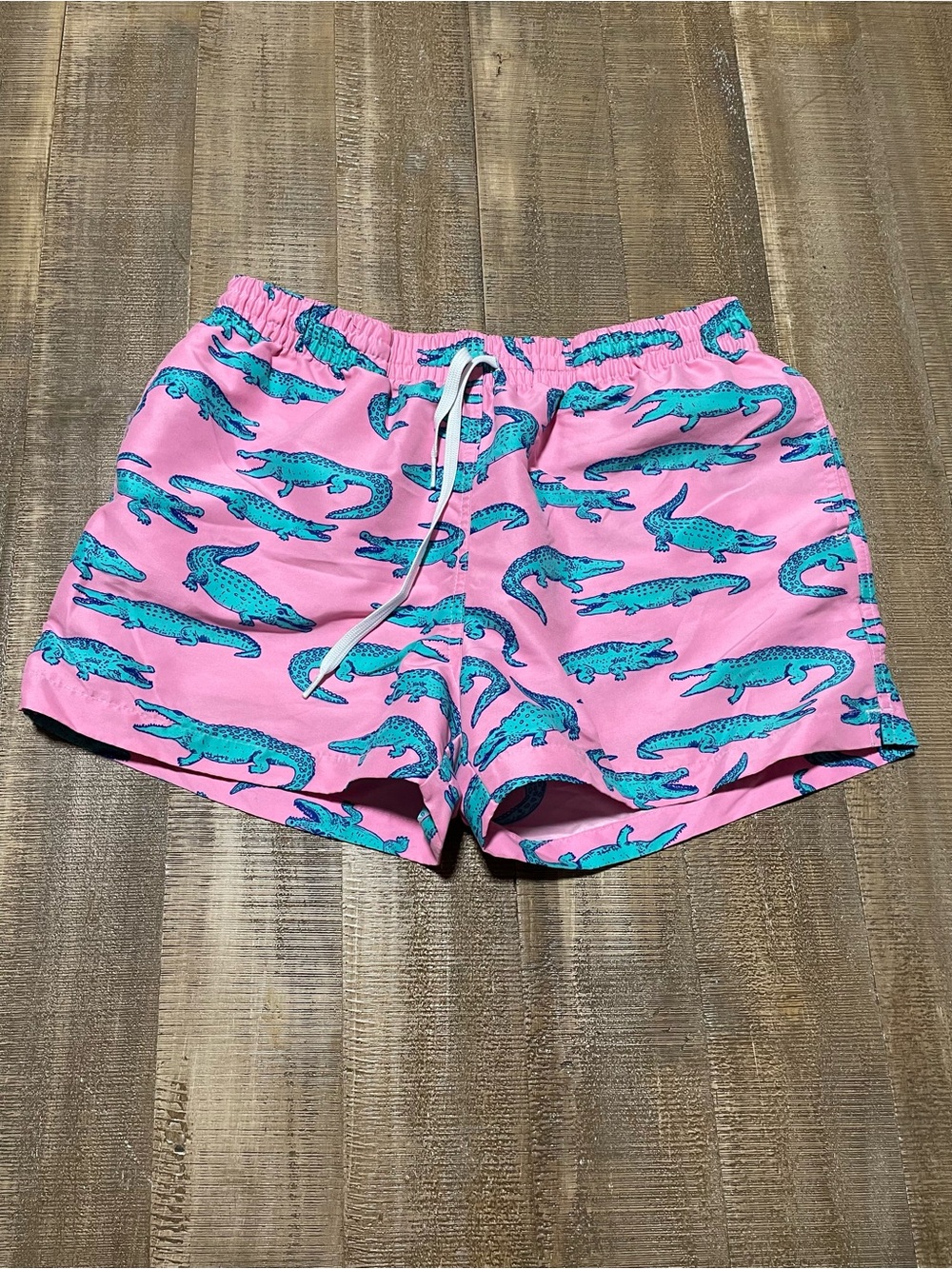 chubbies Pink Swim Trunks with Teal Alligator Print